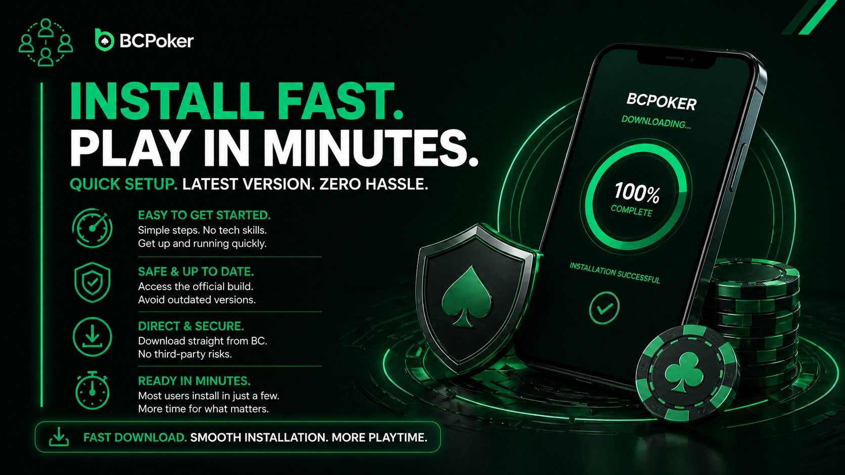 BCPoker app download in Thailand banner fast installation mobile poker app setup secure download smartphone poker platform green neon design