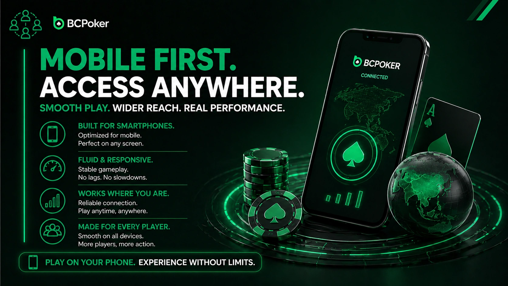 BCPoker mobile access in Thailand banner play anywhere smartphone poker app global connection online poker platform world map green theme
