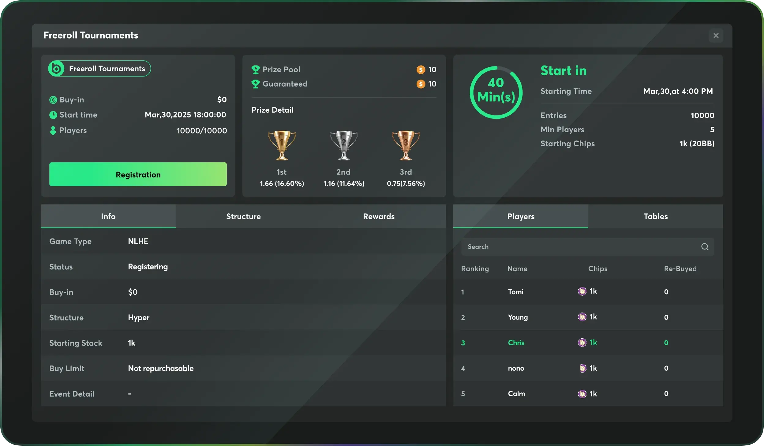 BCPoker freeroll tournament Thailand poker lobby interface free tournament registration prize pool players leaderboard poker platform