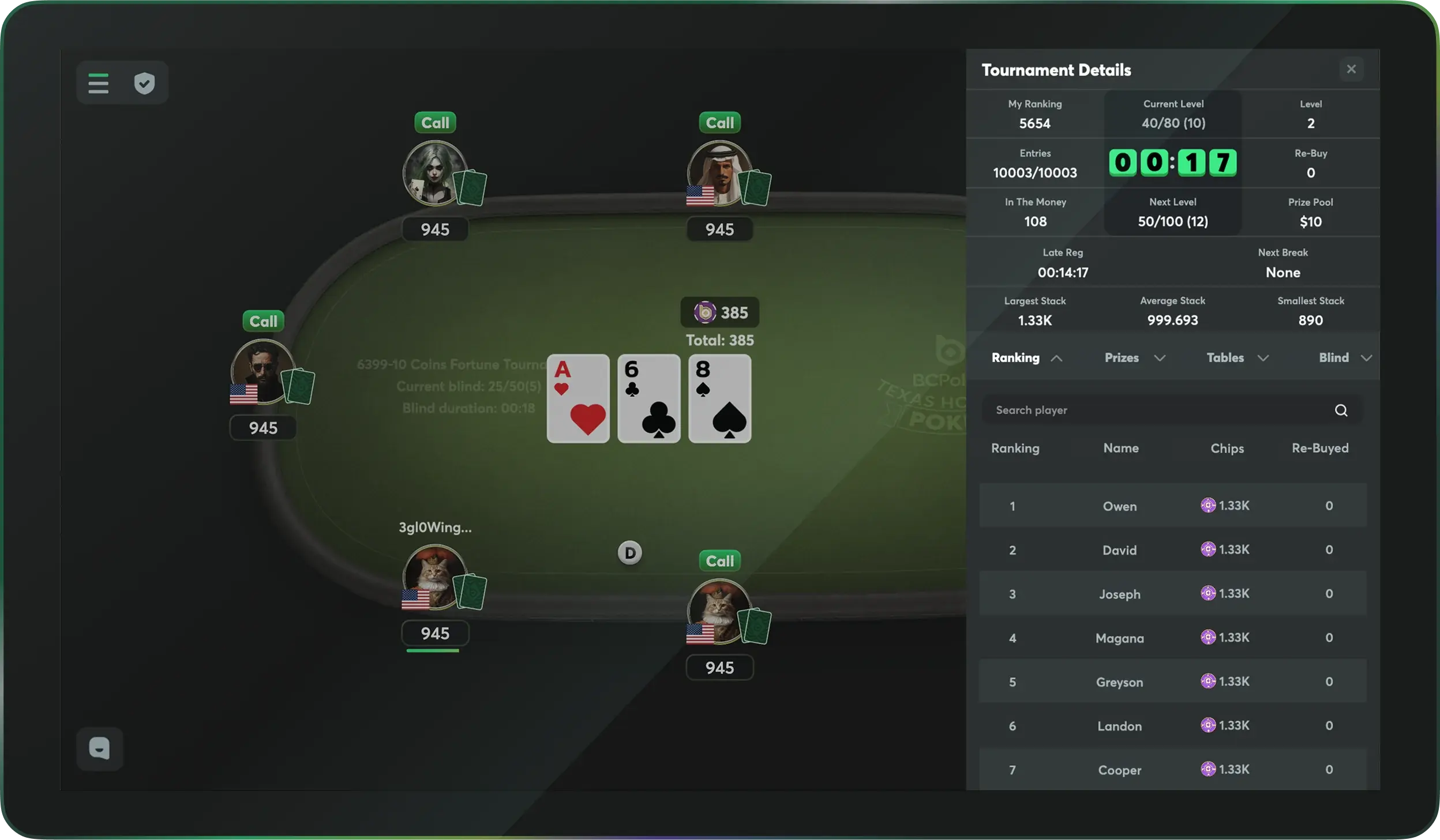 BCPoker tournament table interface Thailand online poker tournament gameplay Texas Holdem table players chips real time poker platform